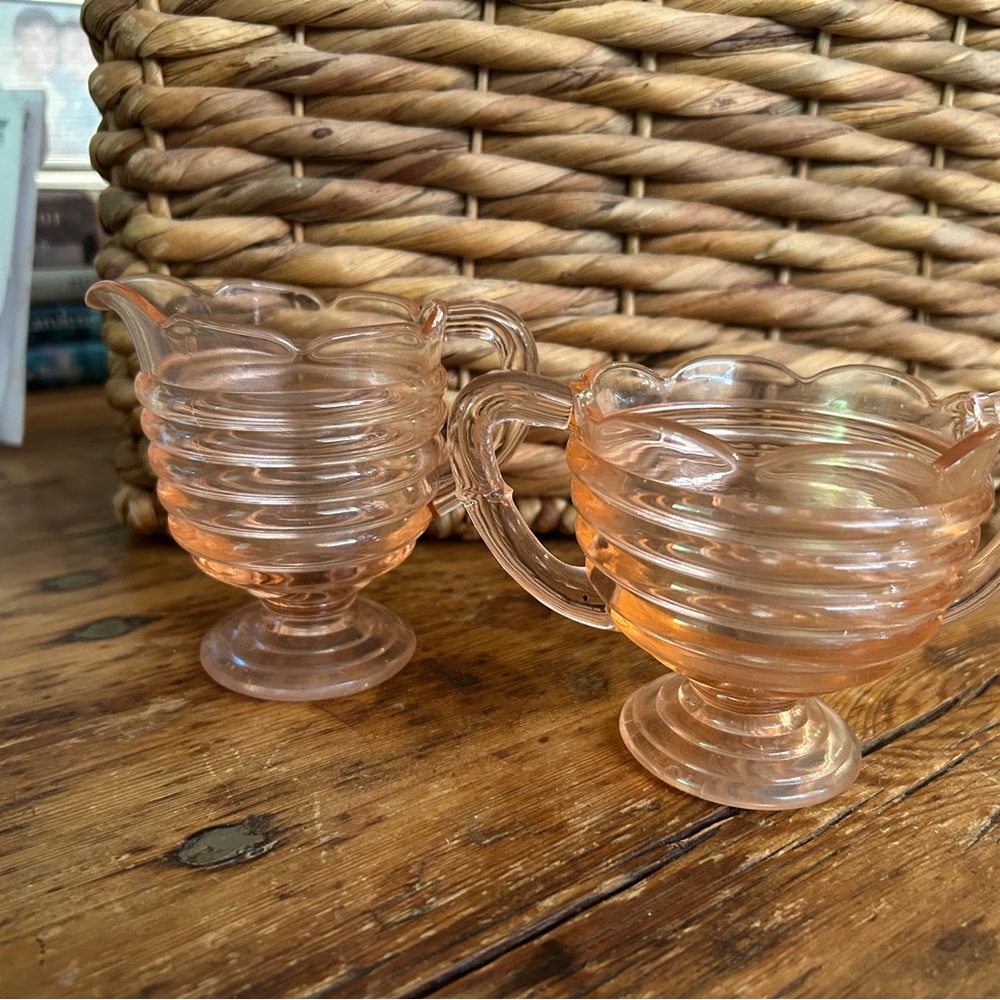 Vintage Duncan Miller Ripple Pink Depression Glass Creamer and Sugar Set